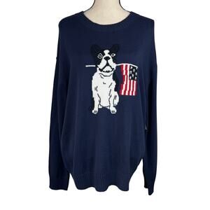 Jollidays JRS Large Sweater Dog Graphic Patriotic Flag Crew Neck Pullover Navy